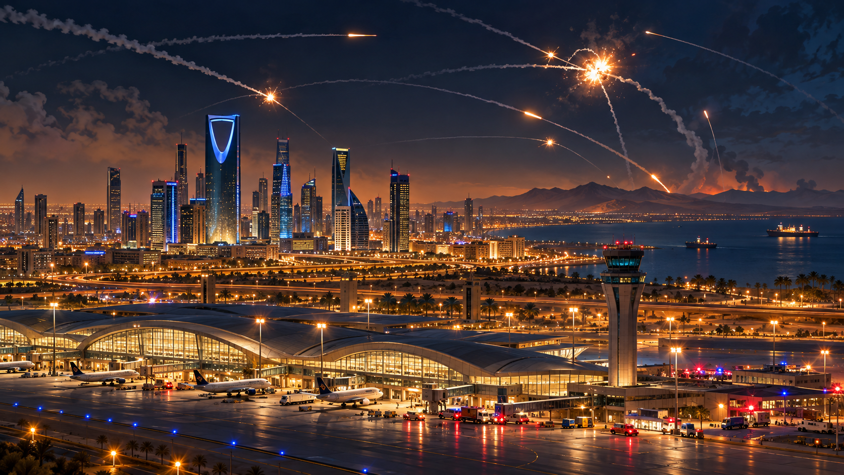 Illustration for: Deadly Strike on Riyadh Airport Widens Gulf War; Egypt Pledges to Defend Saudi Arabia